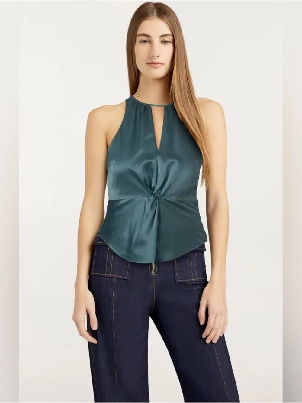 cinq a sept Teal Halter Knot-Front Satin Top